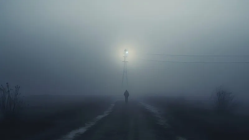 Silhueta de uma pessoa caminhando por uma estrada na neblina.